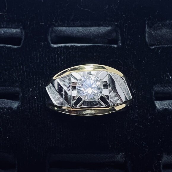 ESPO 14kt Gold Electroplate & Silver Tone Men's Ring W/Clear Rhinestone (R416) - Picture 1 of 6